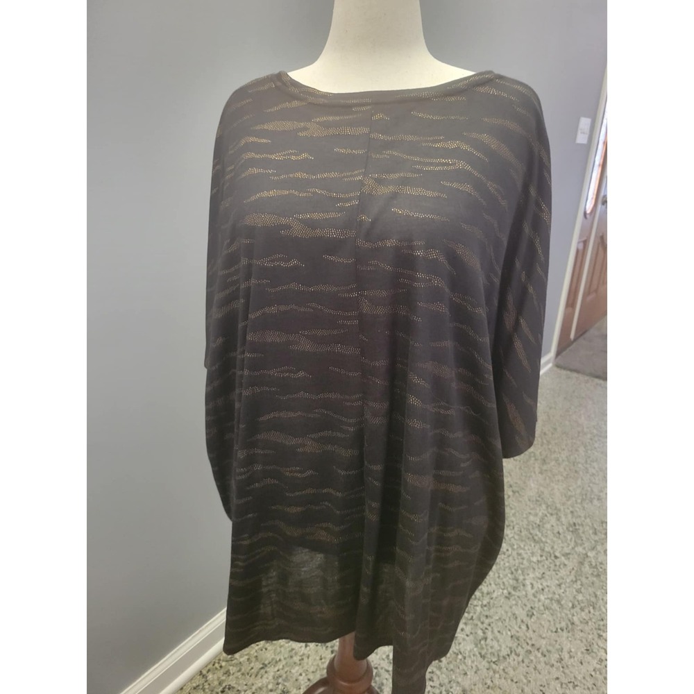 Black Tunic Top Gold Accent Abstract Print Round Neck Comfortable Blouse - Picture 2 of 5